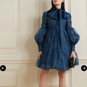 ZIMMERMANN NWT Rhythm Tie-Neck Ruched Flocked Tulle Mini Dress navy glitter 2